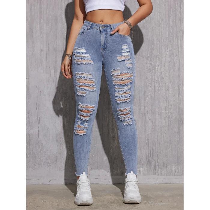 Women Stretch Skinny Ripped Jeans Lady High Waist Hole Denim Pants Zipper Button Fly Pockets Solid Color Denim Pencil Trousers-THAT FASHION STORE