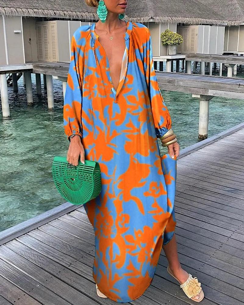 Elegant Women's Dresses 2023 Summer Casual Fashion Print V-Neck Loose Retro Comfortable Maxi Dress Female Robe S-XXXL-THAT FASHION STORE