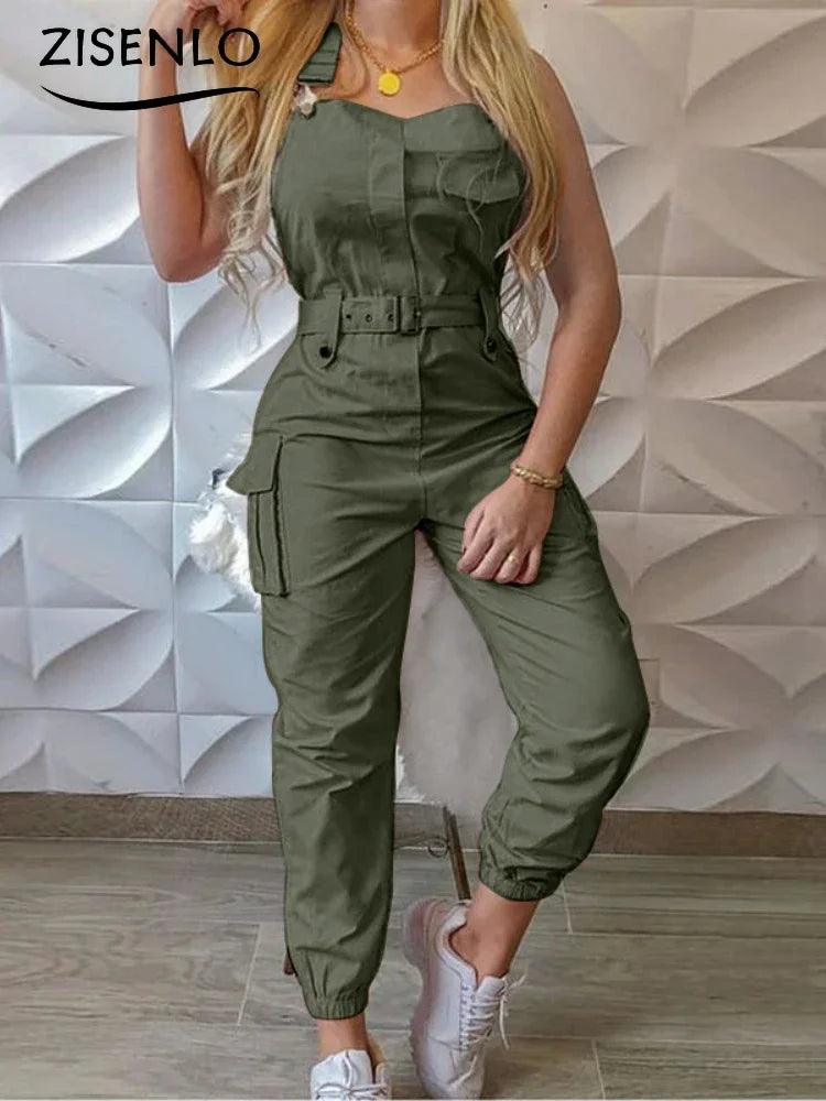 Long Jumpsuits Summer Belt Type Sleeveless Work Jumpsuits Solid Color Casual Trousers Chic and Elegant Woman Overalls One Pieces-THAT FASHION STORE