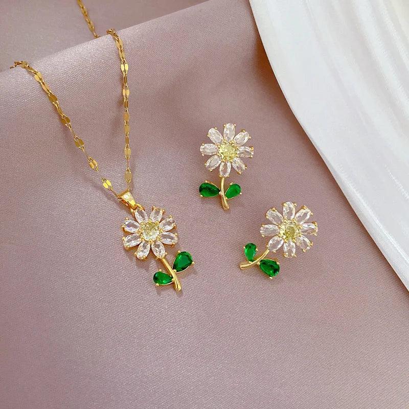 Classic Green Leaf Flower Necklace and Earrings Set Light Luxury Sunflower Personalized Banquet Stainless Steel Jewelry-THAT FASHION STORE