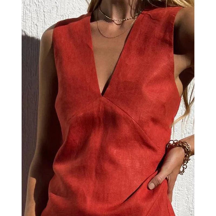 Cotton Linen Womens Dresses Sexy V-Neck Sleeveless Basic Tank Dress Chic Elegant Ladies Dresses Summer Sale Vestidos Para Mujer-THAT FASHION STORE