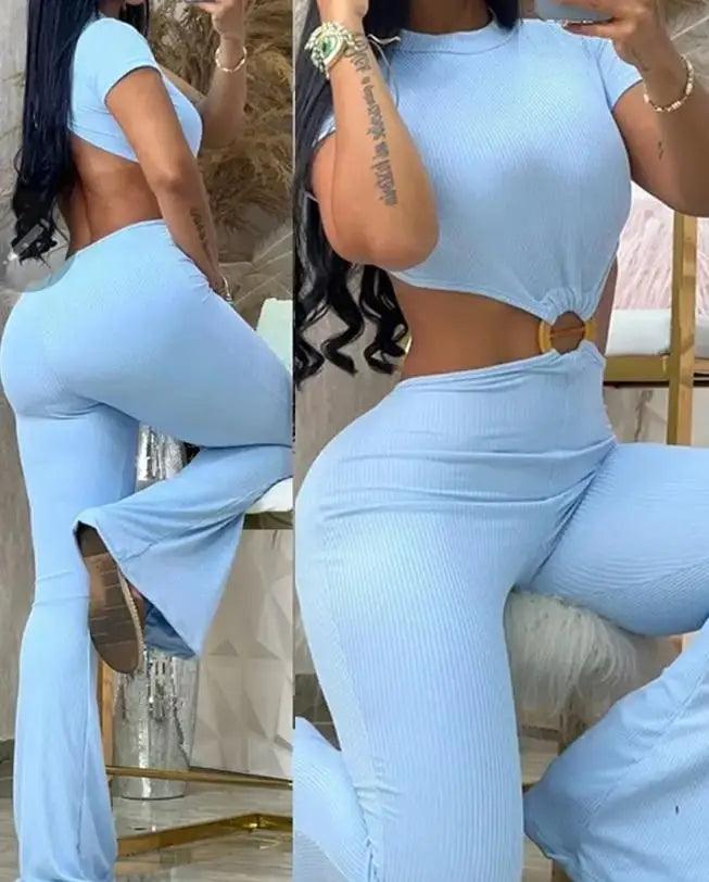 2023 Summer Woman Long Jumpsuits Elegant Sexy O-Ring Decor Cutout Short Sleeve Jumpsuit New Fashion Casual One Pieces-THAT FASHION STORE