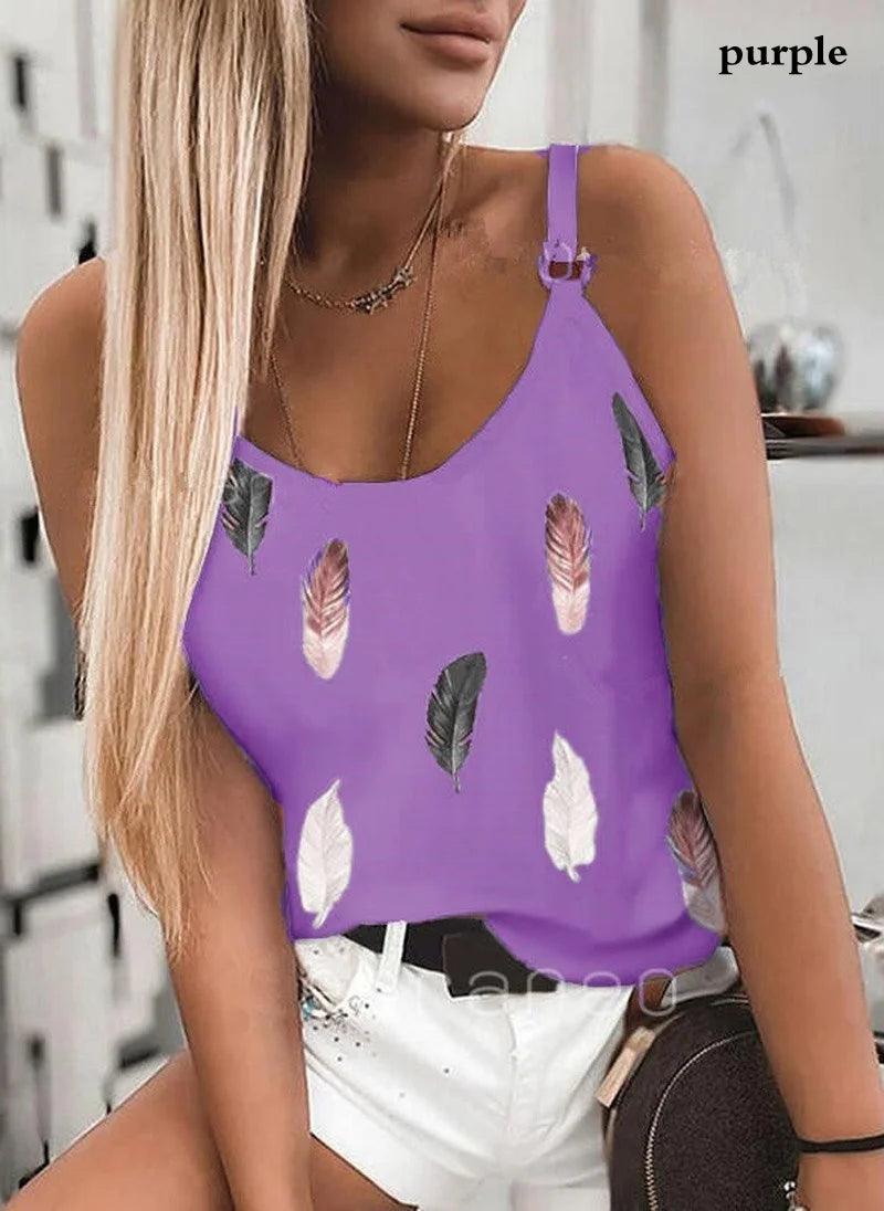 2022 Summer Women Wear New Pattern Fashion T-Shirt Summer Casual Feather Print Sleeveless Tank Tops Camisole Coat-THAT FASHION STORE