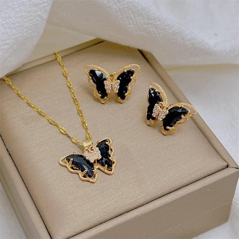 Fashion European and American Cute Micro-inlaid Butterfly Necklace Earrings Set Classic Light Luxury Transparent Stainless Steel-THAT FASHION STORE