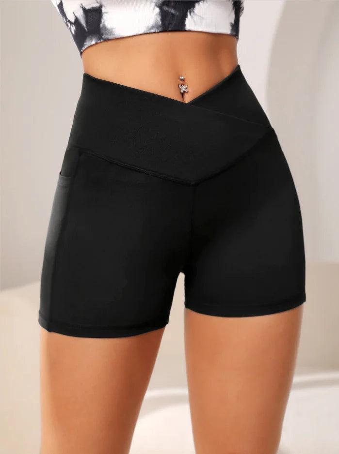 Women High Waist Yoga Sport Biker Shorts for Fitness Cross Waist Pocket Yoga Pant-THAT FASHION STORE