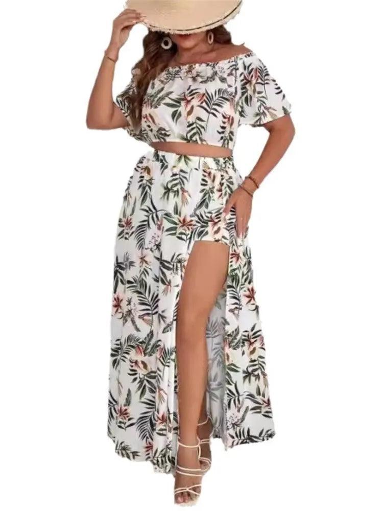 Plus Size Summer 2 Two Piece Set Women Off Shoulder Sexy Ladies Cropped Blouses Irregular Split Modis Ruffle Pleated Woman Skirt-THAT FASHION STORE