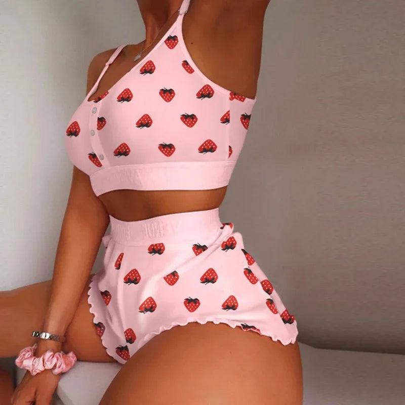 Swimsuit Women's 2-Piece Set Fashion Strawberry Print Lace Lace Sling Two-Piece Set Home Clothes Sweet Pajamas-THAT FASHION STORE