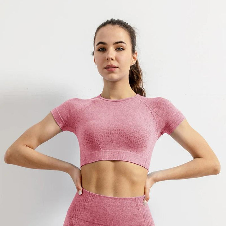 Women Seamless Yoga T-Shirt Sports Gym Cropped Tops Gym Training Shirt Short Sleeve Yoga Running Tracksuit-THAT FASHION STORE