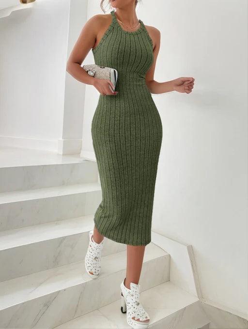 Dresses for Women Solid Halter Neck Bodycon Ribbed Knit Tank Dress-THAT FASHION STORE