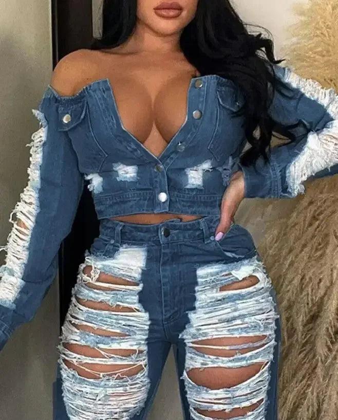 Sexy Womens Outfit High Waist Pocket Design Ripped Jeans Pants 2023 Autumn Summer Spring New Fashion Casual-THAT FASHION STORE