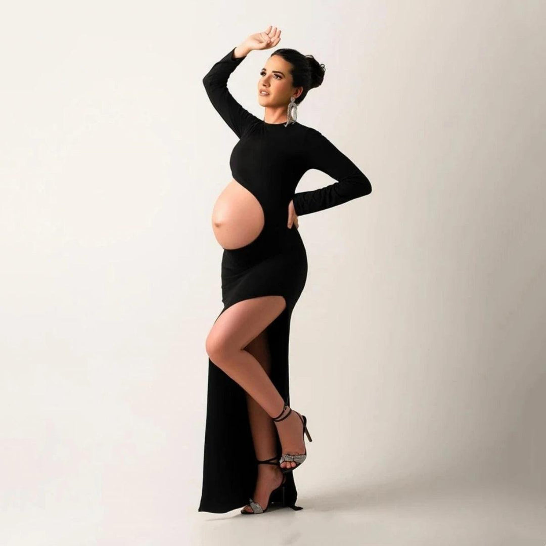 Stretchy Maternity Photo Shoot Dress Full Sleeve Slides Slit Pregnant Woman Long Dresses-THAT FASHION STORE