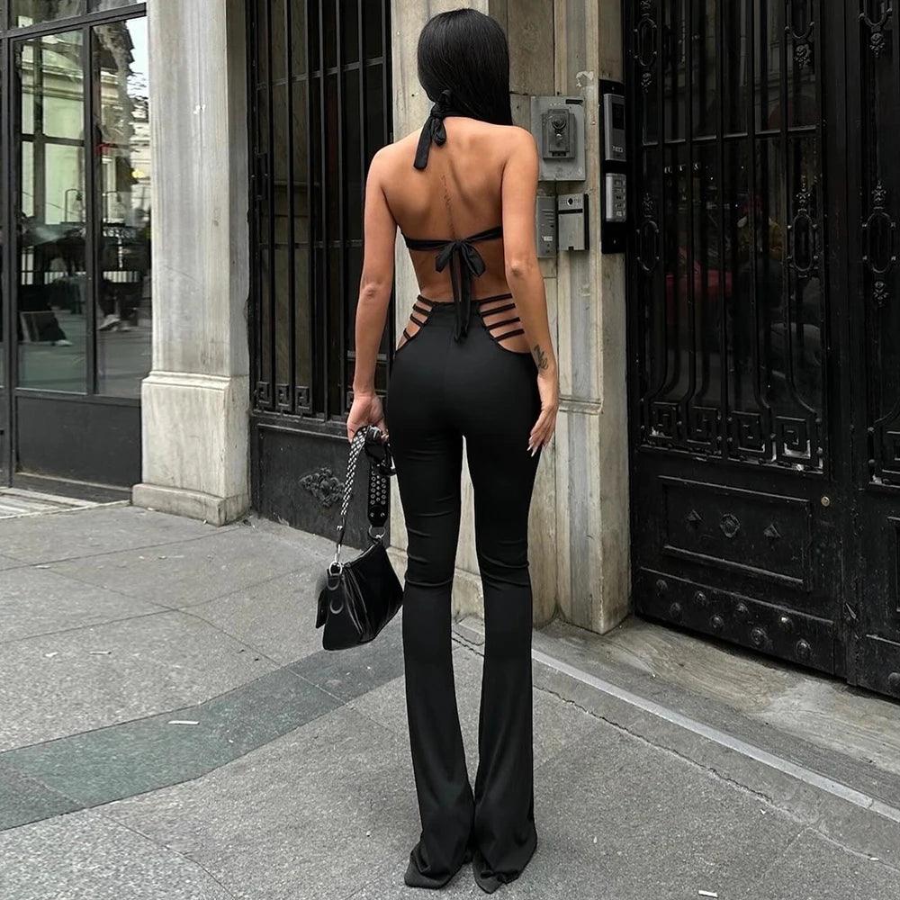 Sexy Halter Lace Up Backless Hollow Out Jumpsuits Women Eyelets Bandage Flare Pants One Piece Rompers 2024 Summer Grunge Clothes-THAT FASHION STORE