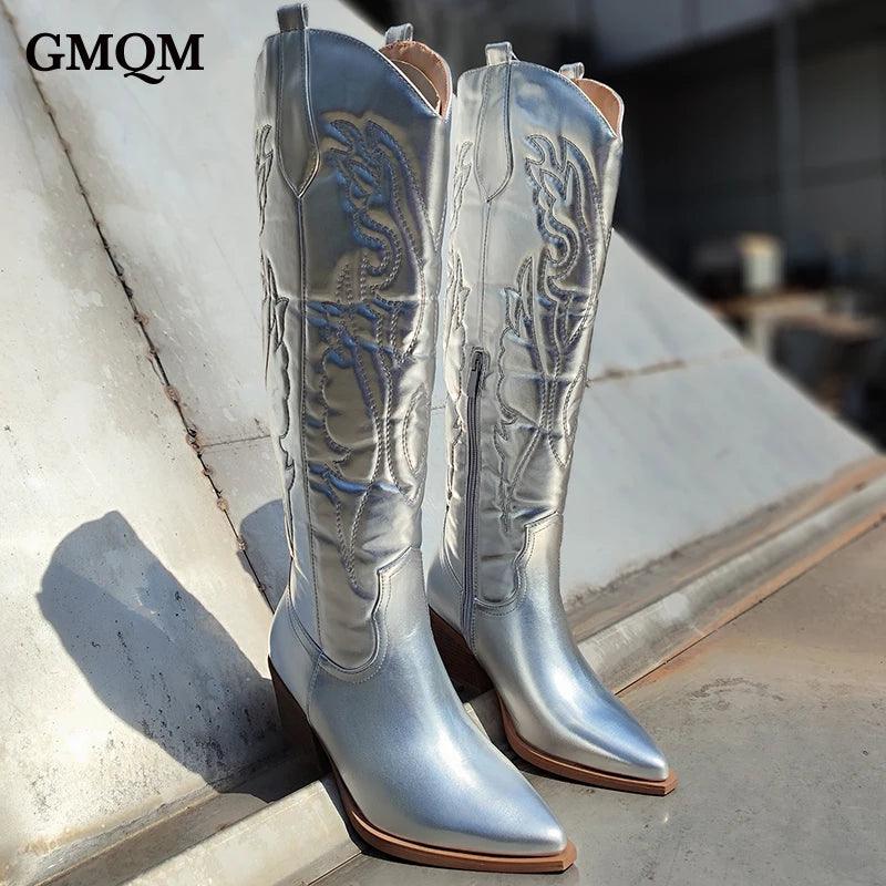 GMQM New Fashion Women 's Embroidered Western CowBoy Shoes Knee High Boots PU Chunky Heel Platform Boots Pointed Toe Punk Style-THAT FASHION STORE