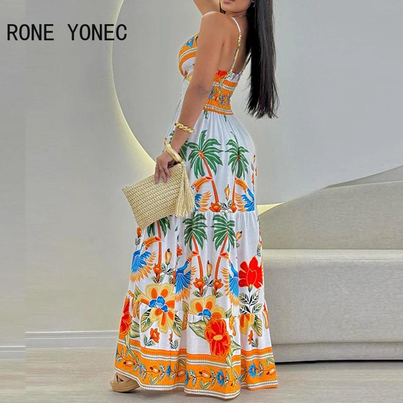 2024 Women All Over Print Deep V Neck Spaghetti Straps Ruffles Maxi Sexy Vacation Dresses-THAT FASHION STORE