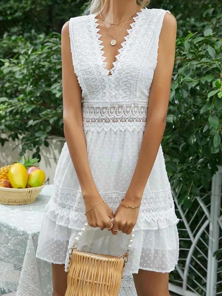 Vintage White Lace Dress Women Summer Sexy Hollow Out Backless Cotton Dress Elegant Fashion Jacquard Ruffles Mini Dress Vestidos-THAT FASHION STORE