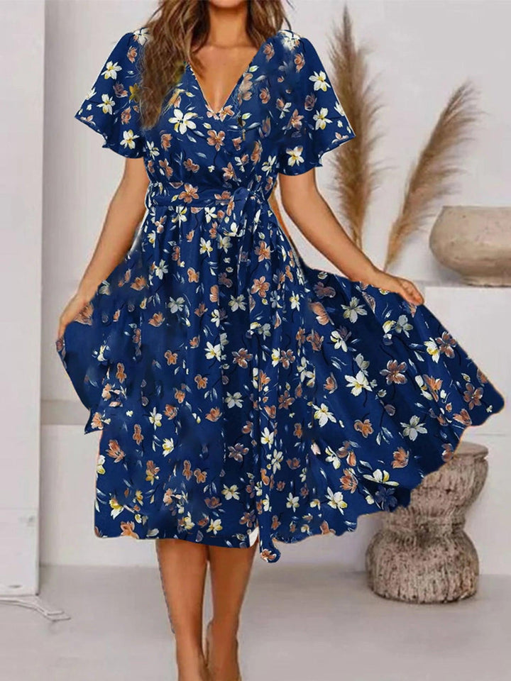 Summer new women's V-neck short sleeve printed waist dress women-THAT FASHION STORE