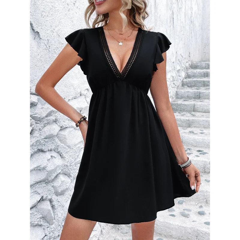 2024 Summer Elegant Women Dress V Neck Hollow Out Lace Dresses Ruffled Sleeveless Black A-line Mid Length Sexy Black Dress-THAT FASHION STORE