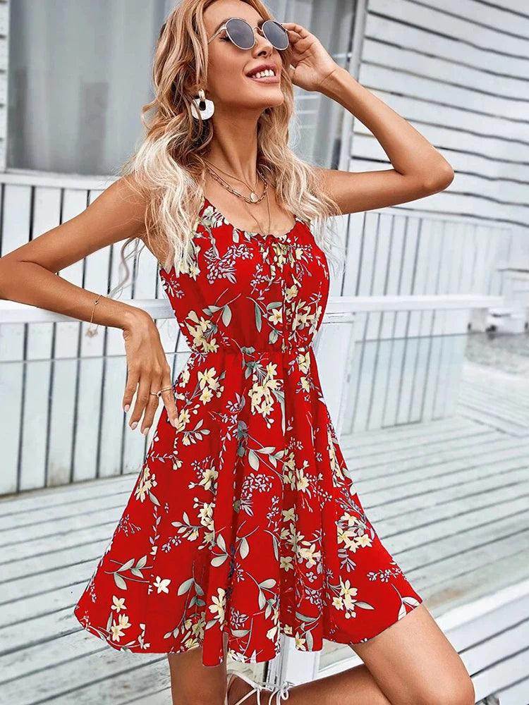 Sexy Floral Print Short Dress Women Summer Fashion Black Backless Beach Sundress Casual Sleeveless Lace-up New In Dresses 2024-THAT FASHION STORE