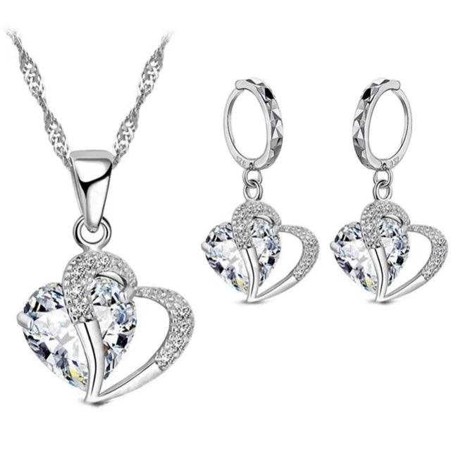 Luxury Women 925 Sterling Silver Cubic Zircon Necklace Pendant Earrings Sets Cartilage Piercing Jewelry Wedding Heart Design-THAT FASHION STORE