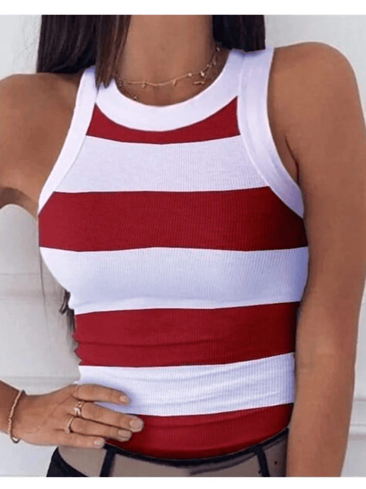 Summer Basic Elastic Tank Top Digital Printing T-shirt Women's O Neck Racerback Sexy Tank Top Stripe Print Sleeveless Tank Top-THAT FASHION STORE