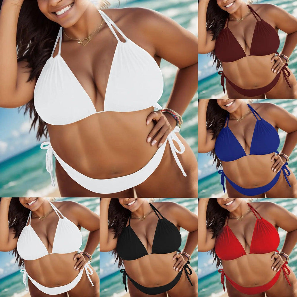 Summer Plus Size Bikinis Sets Women Solid Halter Neck Drawstring Swimming Suit 2024 New Bathing Bottoms Tankini Set Bikini Mujer-THAT FASHION STORE