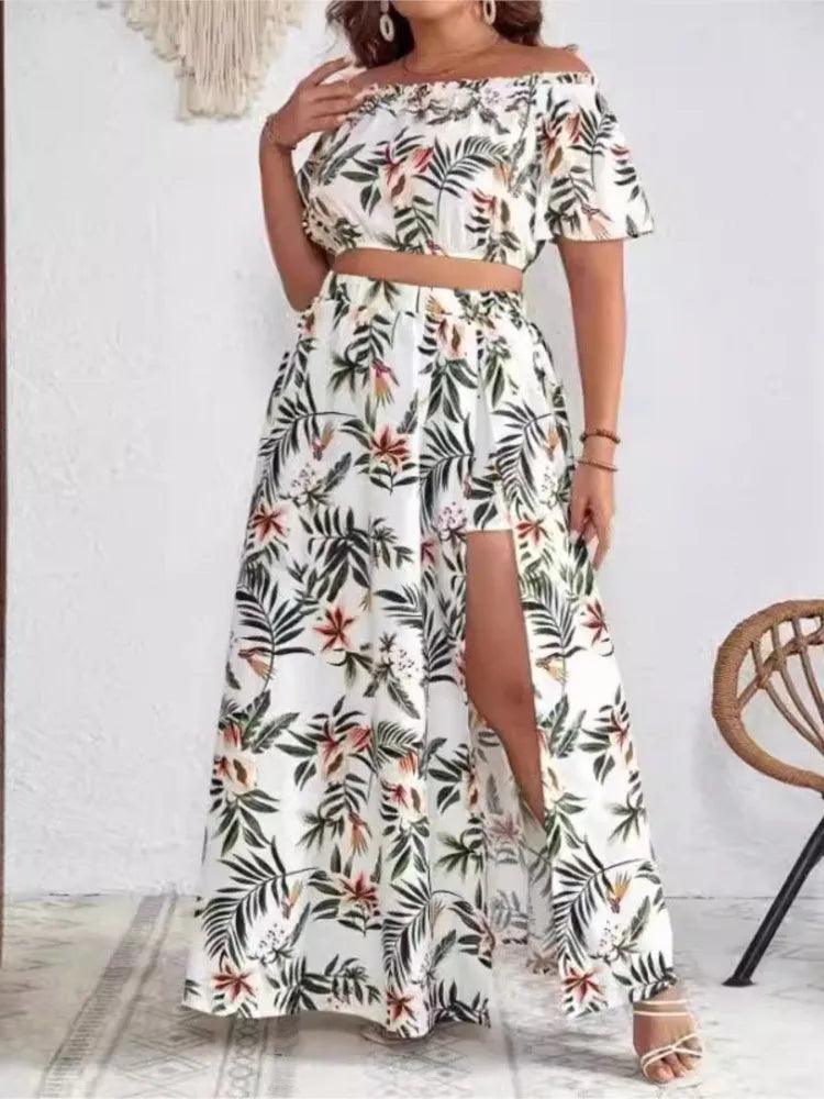 Plus Size Summer 2 Two Piece Set Women Off Shoulder Sexy Ladies Cropped Blouses Irregular Split Modis Ruffle Pleated Woman Skirt-THAT FASHION STORE