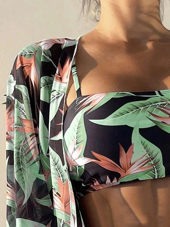 Tropical Allover Print Women's Matching Set Swimwear Sexy 4 Pieces Swimsuit Bikini Set+Shorts+Blusas Cover Up Beachwear Tankinis-THAT FASHION STORE