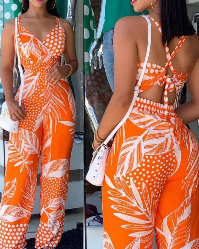 2023 Woman Long Jumpsuits Elegant Sexy Tropical Print New Fashion Spaghetti Strap Jumpsuit Casual Female Clothing Outfits Summer-THAT FASHION STORE