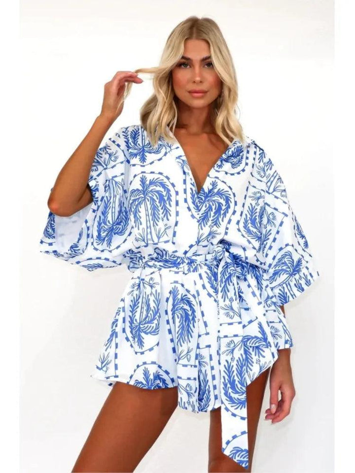 Fashion Printed Chic Jumpsuits Shorts Summer Women V-neck Casual Beach Vacation High Waist Leace-up Bodysuits Fashion Streetwear-THAT FASHION STORE