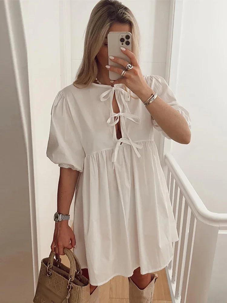 Leopard Print Bow Lace Up Dress Women Loose Hollow Out Short Lantern Sleeve Female Dresses 2024 Summer Fashion Lady Robe-THAT FASHION STORE