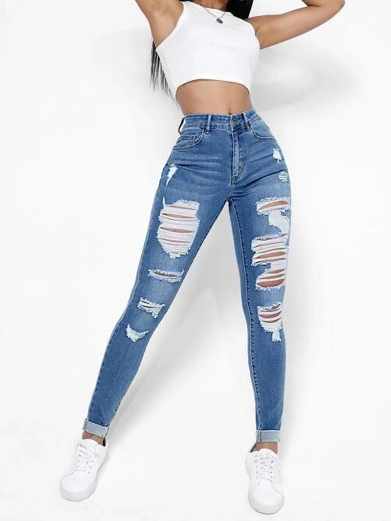 Ripped Holes Casual Skinny Jeans Autumn, Slash Pockets Distressed Single-Breasted Button Mid Waist Denim Pants-THAT FASHION STORE