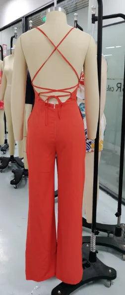 Sexy Women's Jumpsuit 2024 Spring/summer V Neck Solid Color Plain Halter Backless High Waist Loose Wide Leg Overall for Women-THAT FASHION STORE