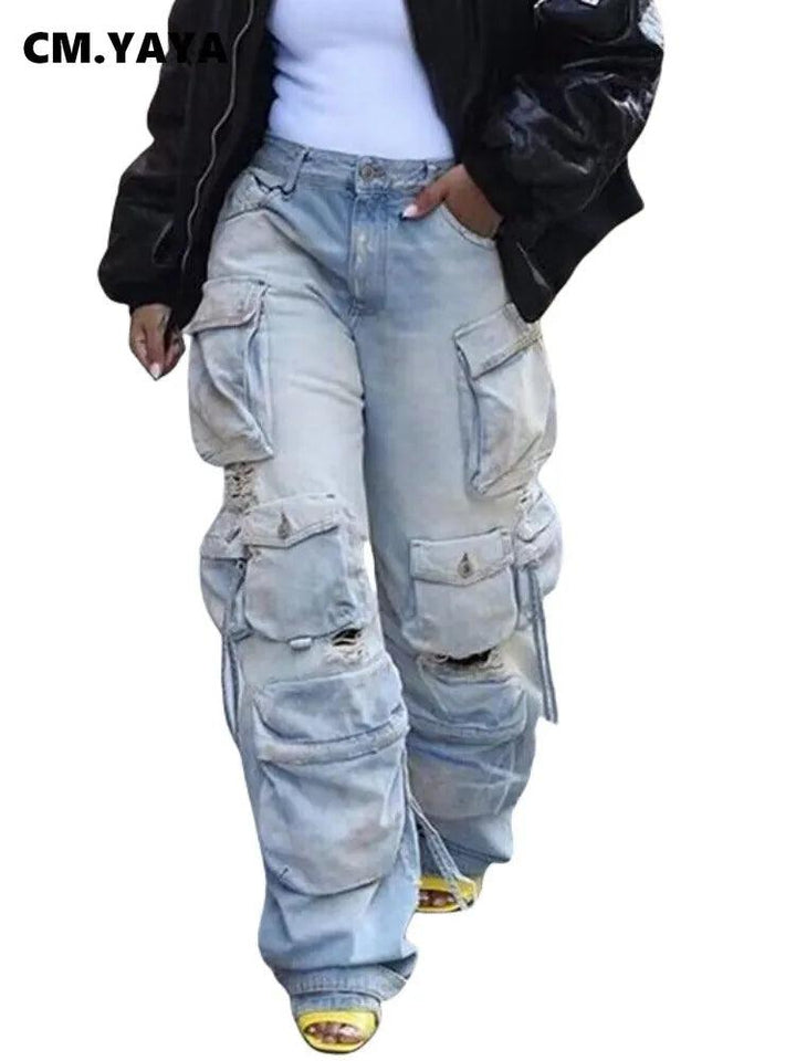 CM.YAYA Women Safari Style Ripped Out Drawstring Hem Elastic Waist Multi Pocke Denim Pants 2023 INS Fashion Cargo Jeans Trousers-THAT FASHION STORE