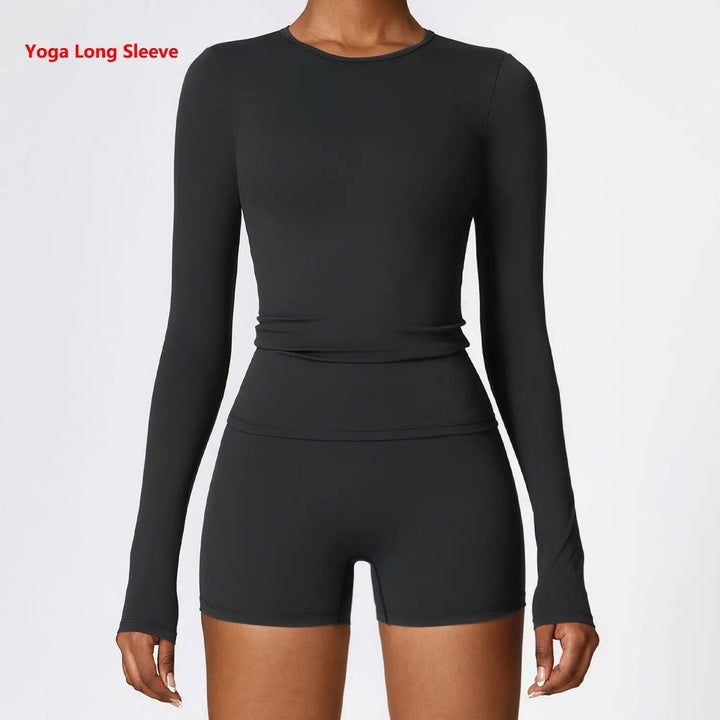 Women Yoga T-shirts Solid Sports Top Long Sleeve Gym Workout Running Shirts Sexy Exposed Navel Quick Dry Fitness Gym Sport Wear-THAT FASHION STORE