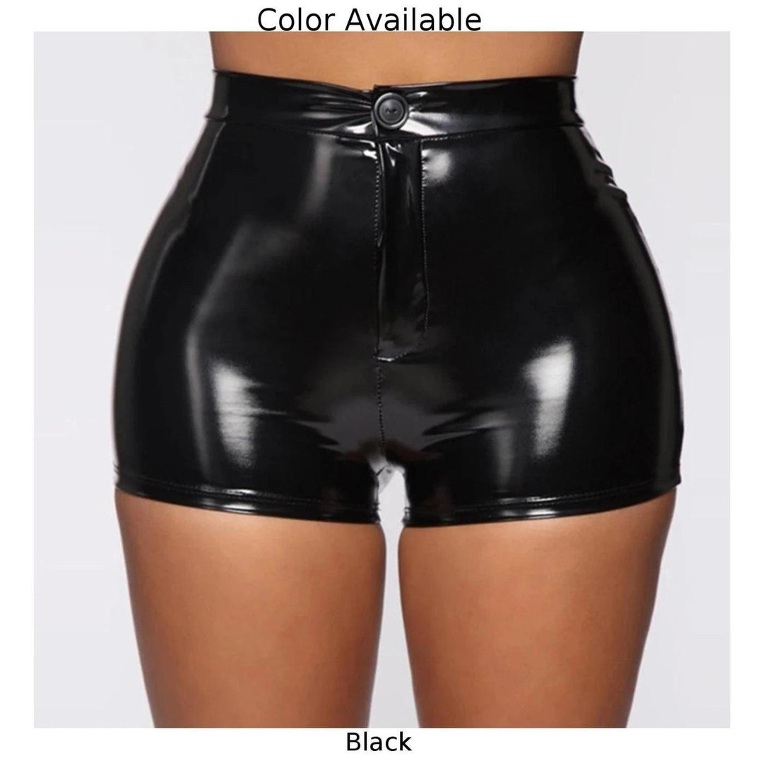 Women‘s Sexy Nightclub Costumes Skinny Shorts PU Leather Shorts High-Waist Solid Button Black Shorts Summer Wet Look Leather-THAT FASHION STORE