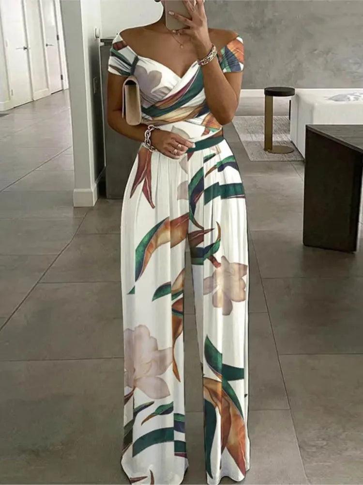 Summer New Printed One Shoulder Jumpsuits Women 2023 High Waist Short Sleeves Wide Leg Long Pants Slim Jumpsuit Ladies Commuting-THAT FASHION STORE