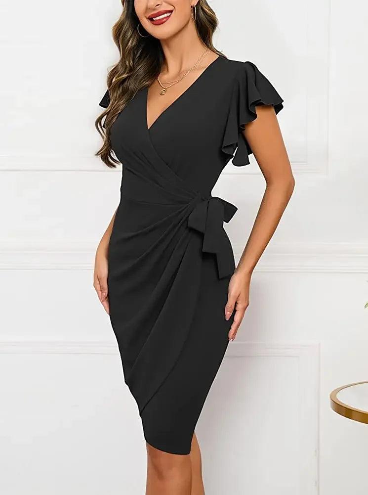 Bodycon Sexy Summer Dress Cocktail Faux Wrap Deep V Neck Ruffle Sleeve Ruched Party Work Formal Wedding Dresses for Women-THAT FASHION STORE