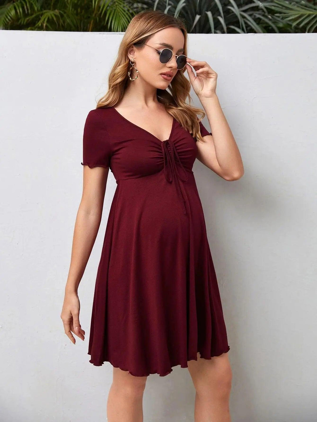 Maternity Drawstring Dress Maternity Clothes Summer Casual Pregnant Women Short Sleeve V-Neck Dress Vestidos Pregnancy Clothing-THAT FASHION STORE