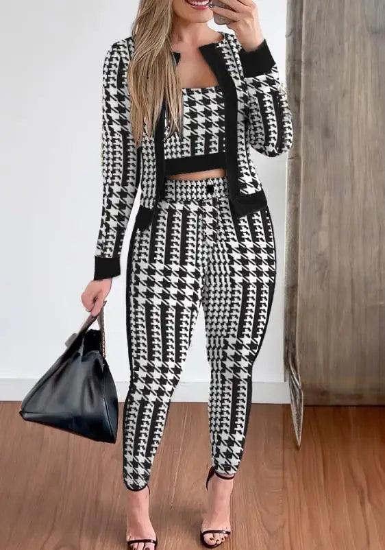 Two Piece Set Women Outfit Spring Fashion Plaid Print Contrast Paneled Open Front Long Sleeve Coat & Elegant Skinny Pants Set-THAT FASHION STORE