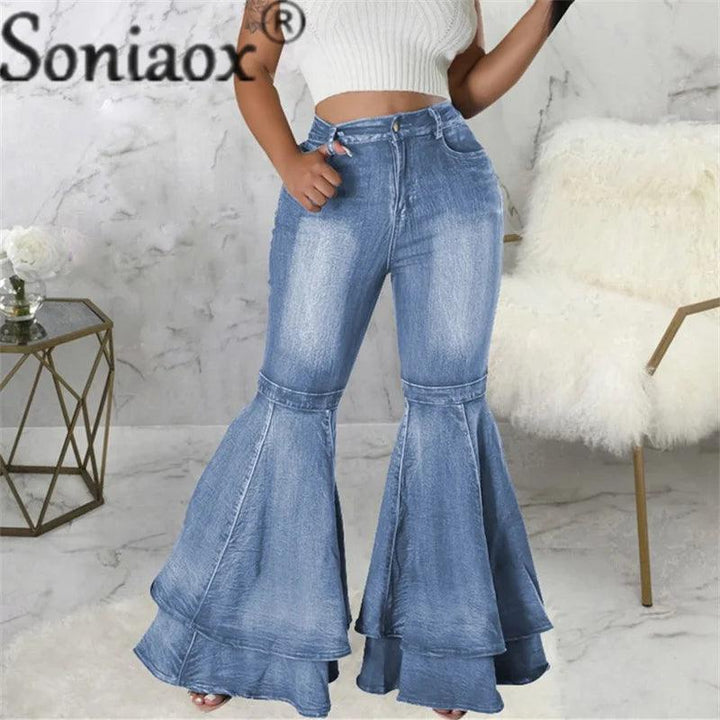 Fashion Splicing Layers Flared Jeans Women High Waist Comfortable Commuter Denim Pants Female Casual Stretch Wide Leg Trousers-THAT FASHION STORE