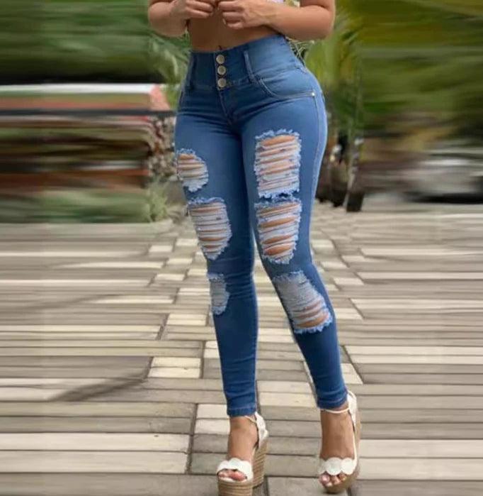 Jeans with Ripped Buttons and Tight Waists for Women 2024 Spring Summer Casual Solid Color Daily Hign Waist Skinny Jeans-THAT FASHION STORE