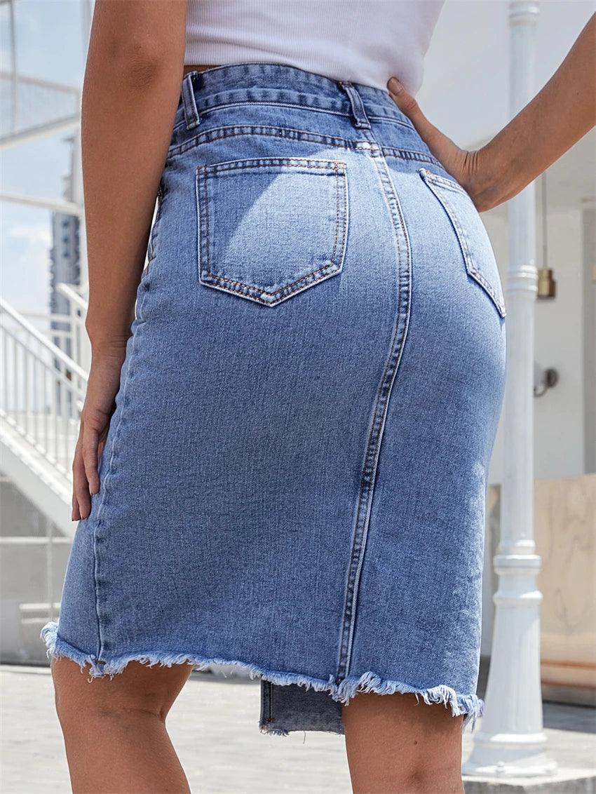 Women's Front Slit Blue Denim Skirt Pockets High Waist Slim Zipper Fly Midi Skirts 2023 Spring Female Casual Streetwear-THAT FASHION STORE