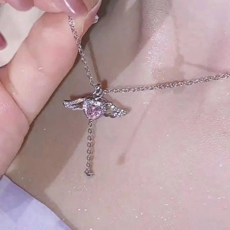 Crystal Angel Wings Heart Pendant Necklaces Set Ladies Girl Simple Y2K Pink White Zircon Love Elegant Necklace Women Jewelry Set-THAT FASHION STORE