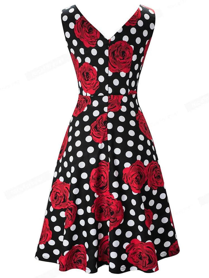 Nice-forever Summer Women Polka Dots with Floral Retro Sun Dresses Party Pinup Flare A-line Dress btyA063-THAT FASHION STORE