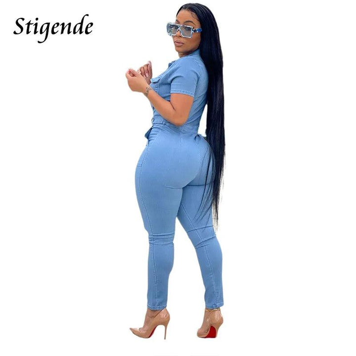 Women Slim Fit Button Up Denim Jumpsuit Turn Down Collar Skinny Overalls with Pockets Ladies Light Blue Pencil Leg Jeans Pants-THAT FASHION STORE