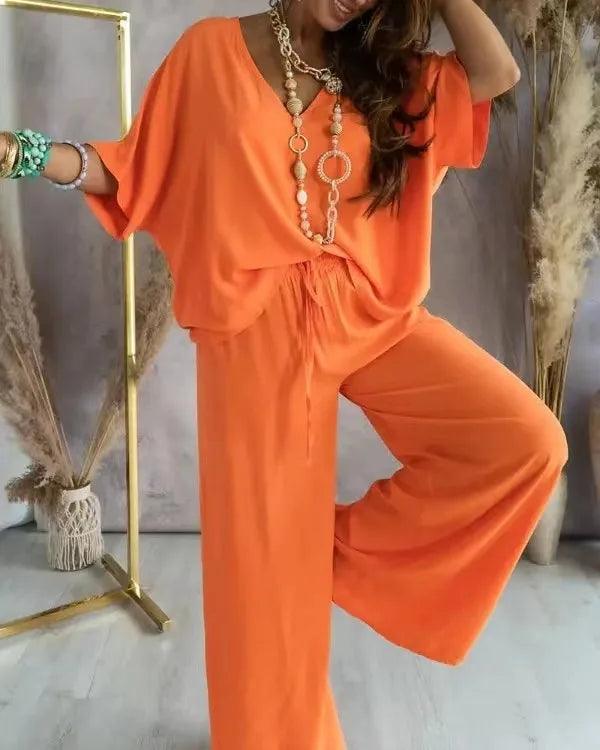 2024 Summer Pant Sets two piece sets For Women V neck Bat Sleeve Casual Loose Wide-leg Pants 2 piece set solid homewear Outfits-THAT FASHION STORE