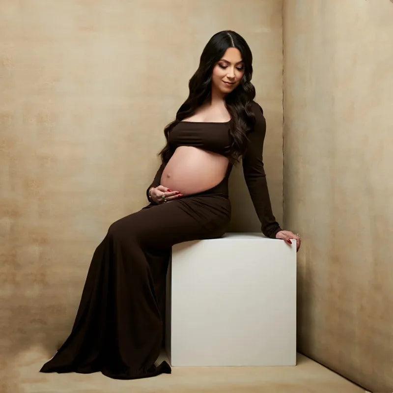 Square Neck Long Sleeve Maternity Photo Shoot Dress Backless Pregnant Woman Photography Outfit Long Dress-THAT FASHION STORE