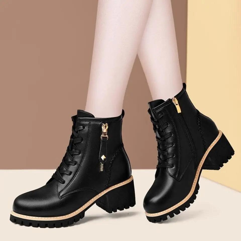 Women Shoes Boots Ankle 2022 New Autumn British Wind Genuine Leather Thick With Fur Ladies Short Boots Motorcycle heels boots-THAT FASHION STORE