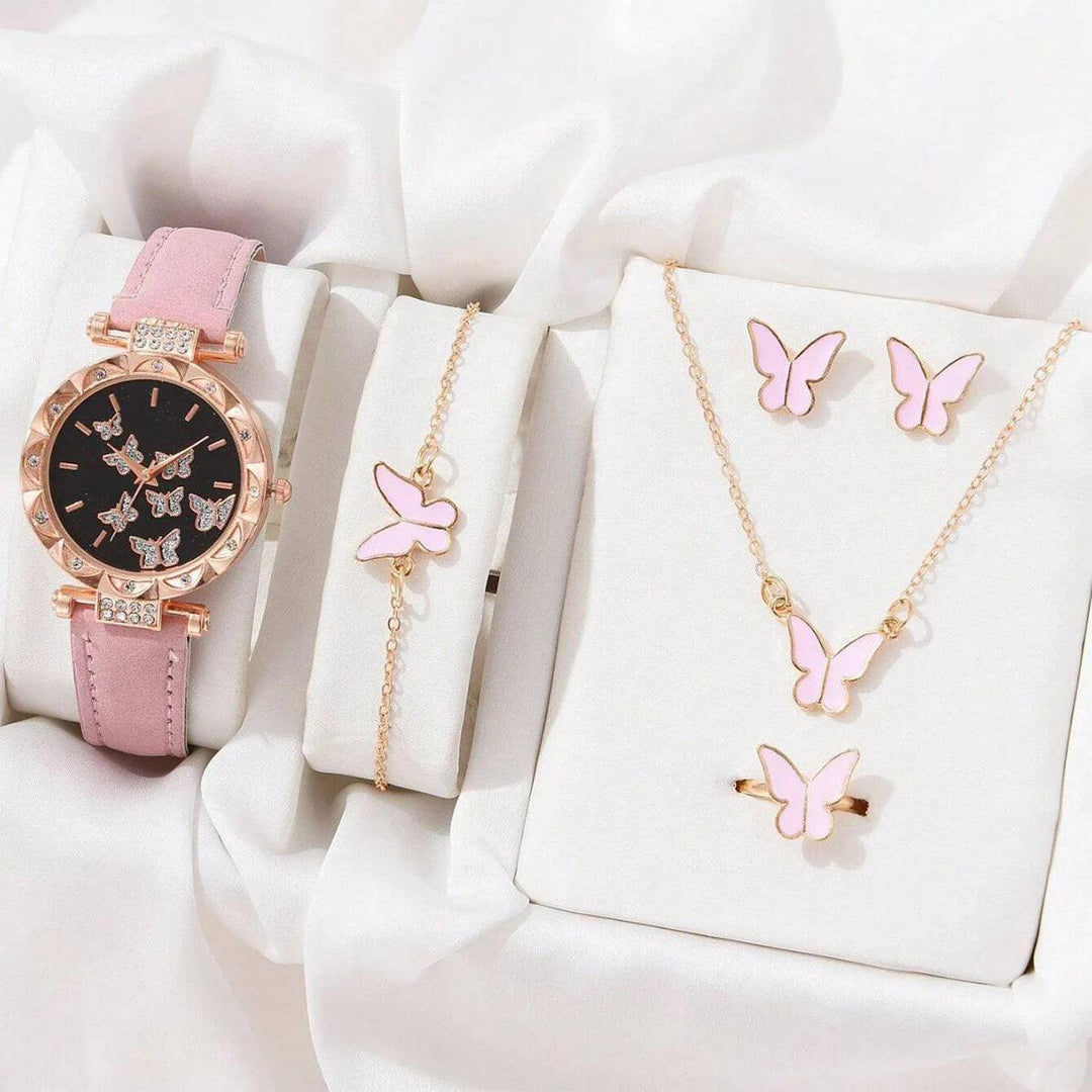 6 Luxury Watches Women's Ring Necklace Earrings Bracelet Set Watch Butterfly Leather strap Women's Quartz Watch No case-THAT FASHION STORE