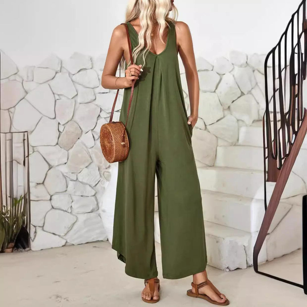 Women Jumpsuits Overalls V Neck Sleeveless Rompers One Piece Loose Wide Leg Pants Ankle Length Solid Pockets High Street-THAT FASHION STORE